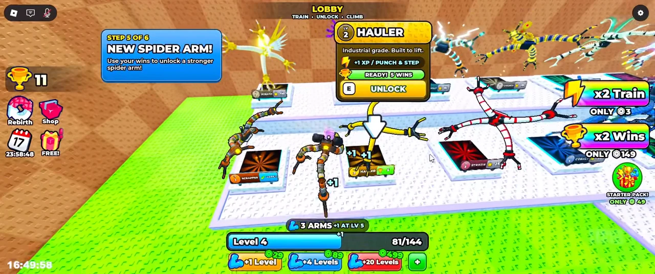 HAULER tutorial stand with a five-Win unlock prompt