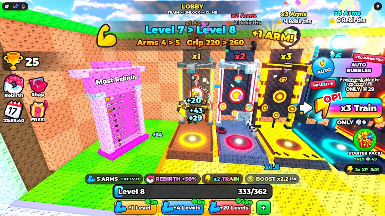 Level-up overlay showing arm count and maximum grip increasing