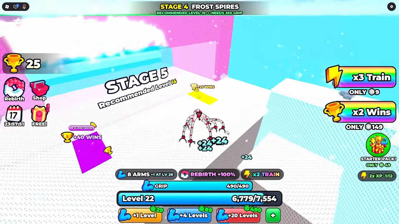 Yellow and purple reward pads at the top of a stage